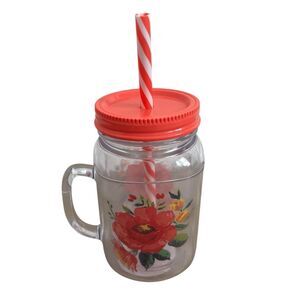 The Pioneer Woman Delaney 16oz Mason Jar Mug Red FloralLid Straw Acrylic Tumbler